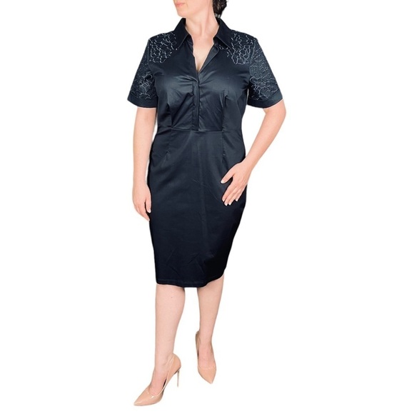 BADGLEY MISCHKA NAVY SATEEN FLORAL EMBROIDERED SHIRT COLLAR FITTED SHEATH DRESS - Picture 2 of 14